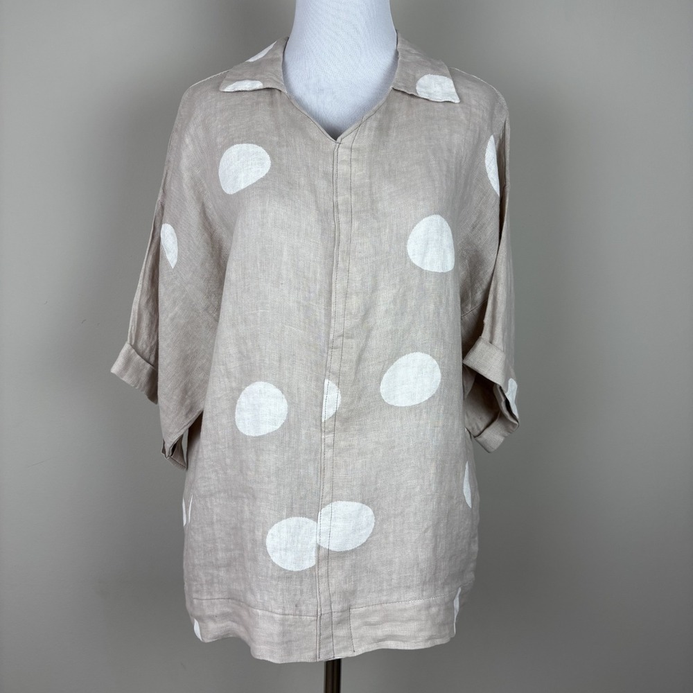 Liabella Linen Top Womens Medium Beige‎ Polka Dot Relaxed 3/4 Sleeve Lagenlook M